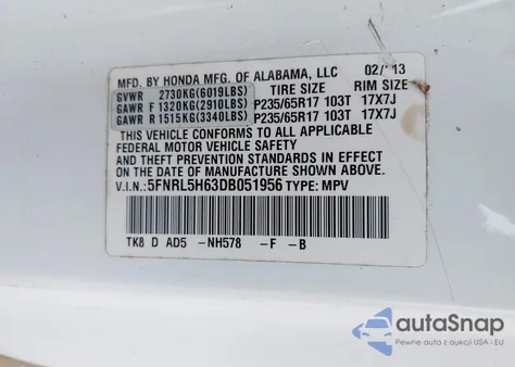 2013 Honda Odyssey Ex-L z USA, uszkodzony, nr VIN 5FNRL5H63DB051956